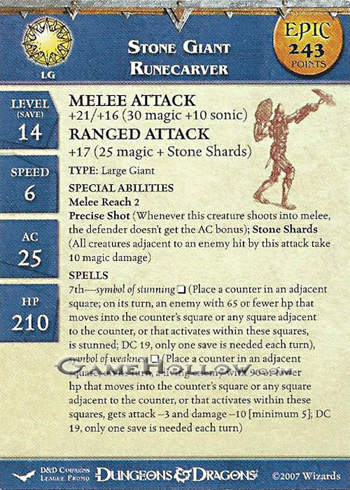 D&D Miniatures Unhallowed Stat Card Promo Stone Giant Runecarver EPIC (Unhallowed 09)