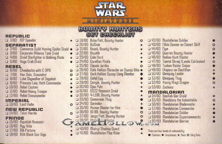 Star Wars Miniatures Maps, Tiles & Missions Checklist Bounty Hunters and Rules