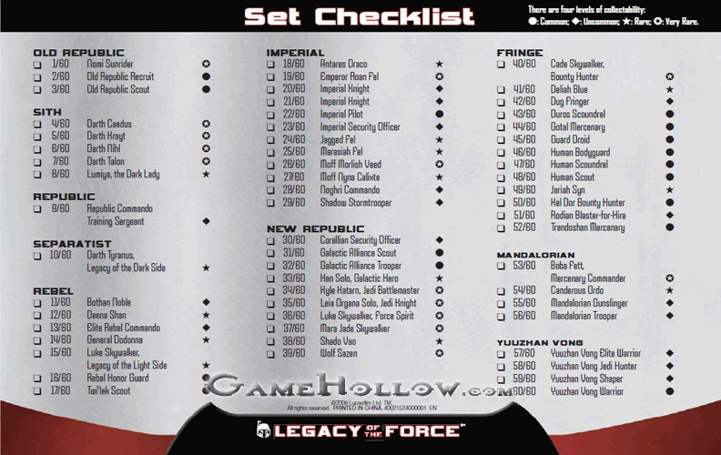 Star Wars Miniatures Maps, Tiles & Missions Checklist Legacy of Force and Rules